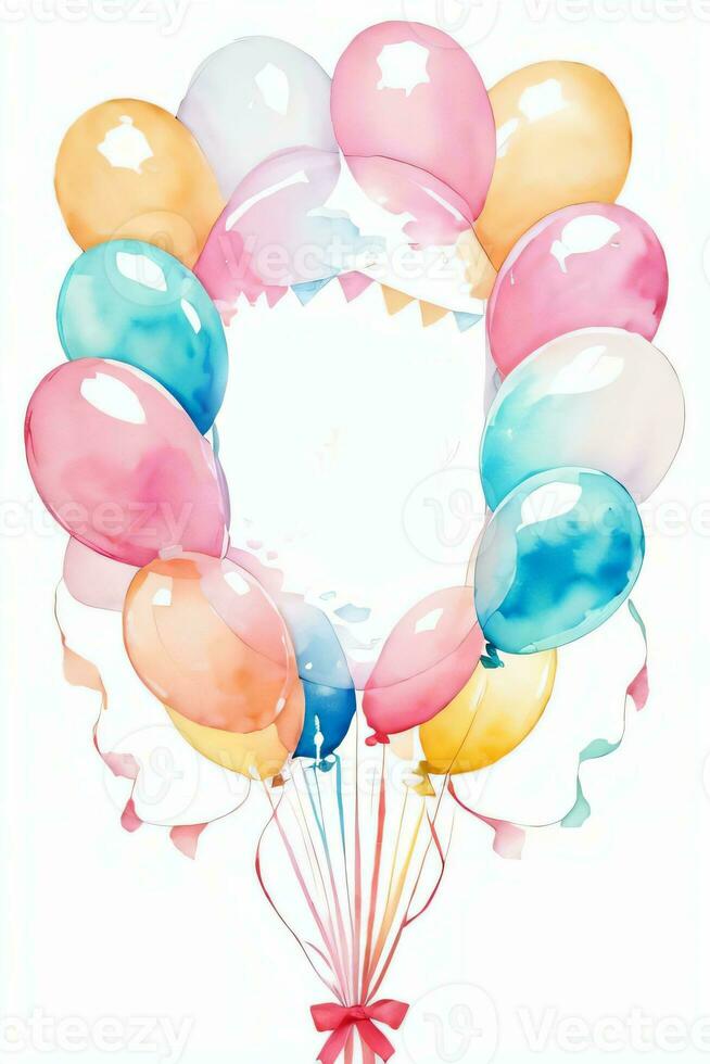 Watercolor Wedding or Birthday Greetings Card Background with Ballons and Flowers photo