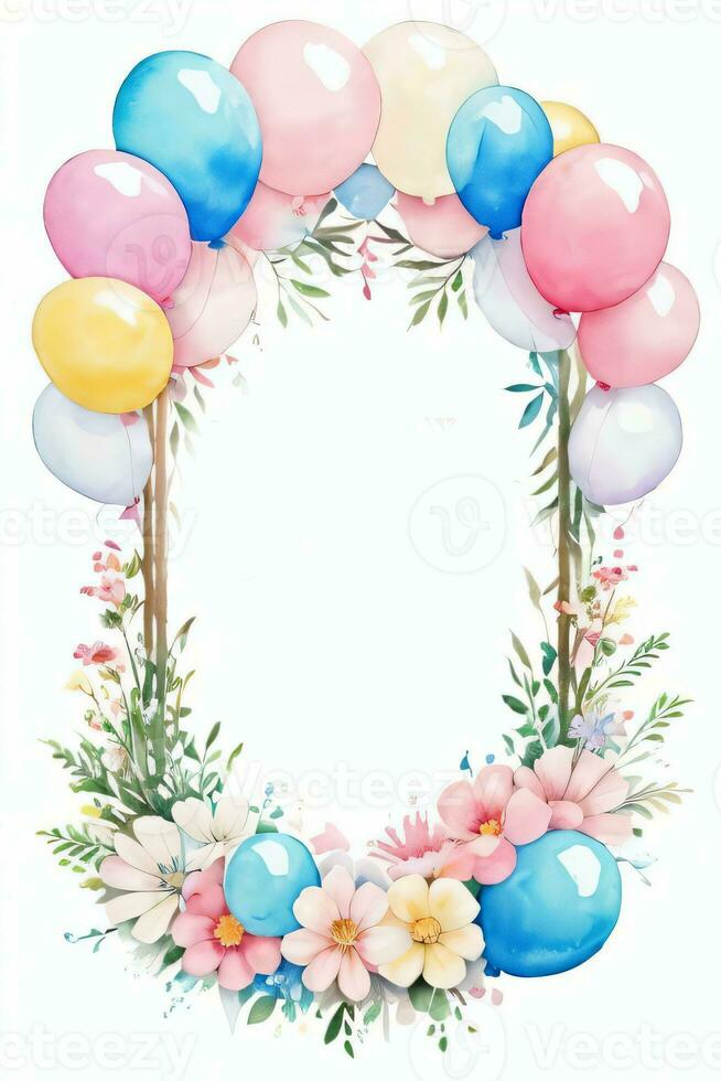 Watercolor Wedding or Birthday Greetings Card Background with Ballons and Flowers photo