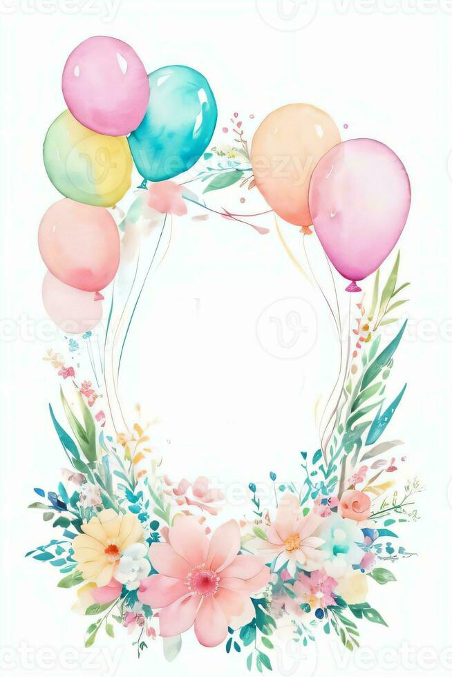 Watercolor Wedding or Birthday Greetings Card Background with Ballons and Flowers photo