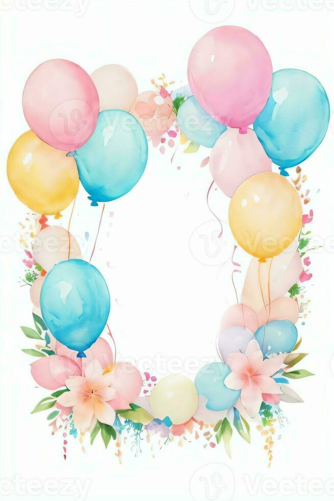 Watercolor Wedding or Birthday Greetings Card Background with Ballons and Flowers photo