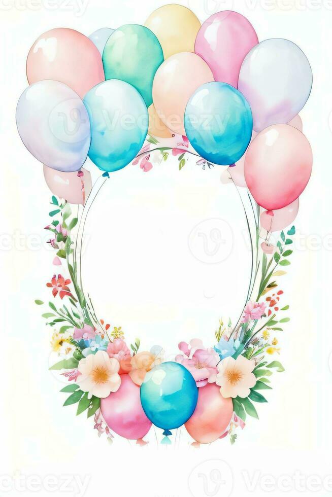 Watercolor Wedding or Birthday Greetings Card Background with Ballons and Flowers photo