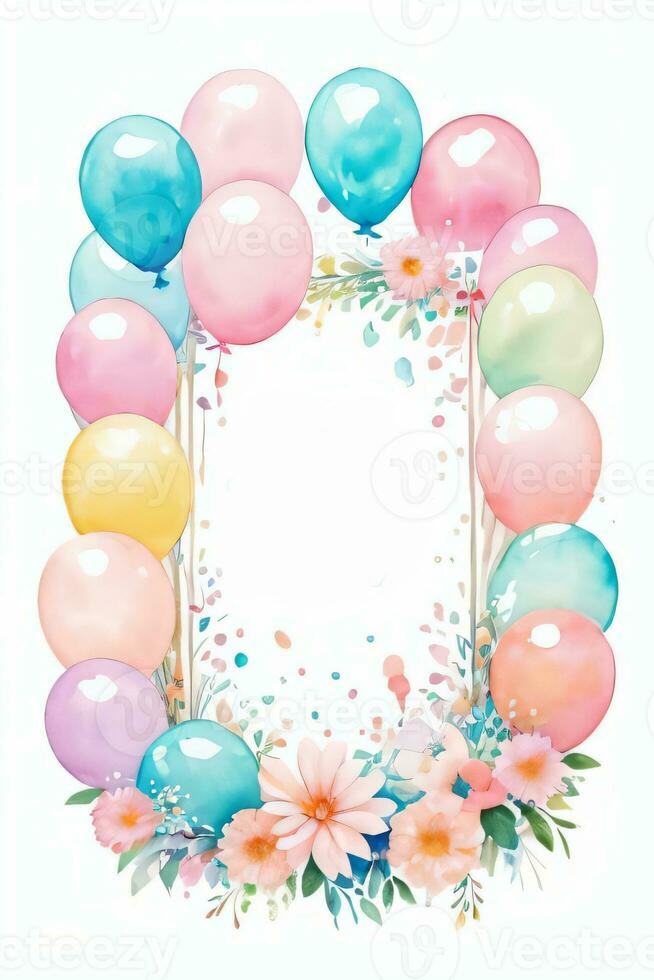 Watercolor Wedding or Birthday Greetings Card Background with Ballons and Flowers photo