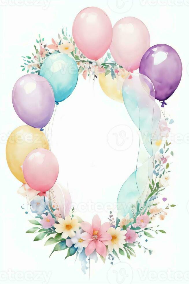 Watercolor Wedding or Birthday Greetings Card Background with Ballons and Flowers photo