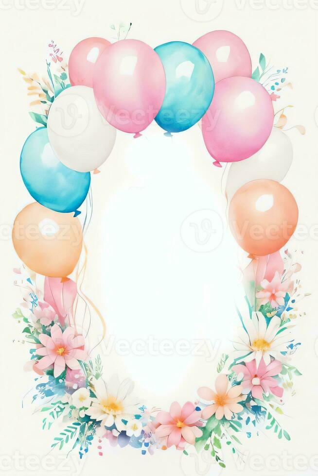 Watercolor Wedding or Birthday Greetings Card Background with Ballons and Flowers photo