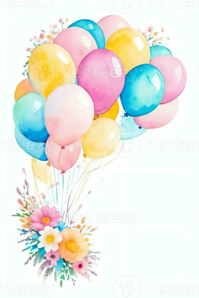 Watercolor Wedding or Birthday Greetings Card Background with Ballons and Flowers photo