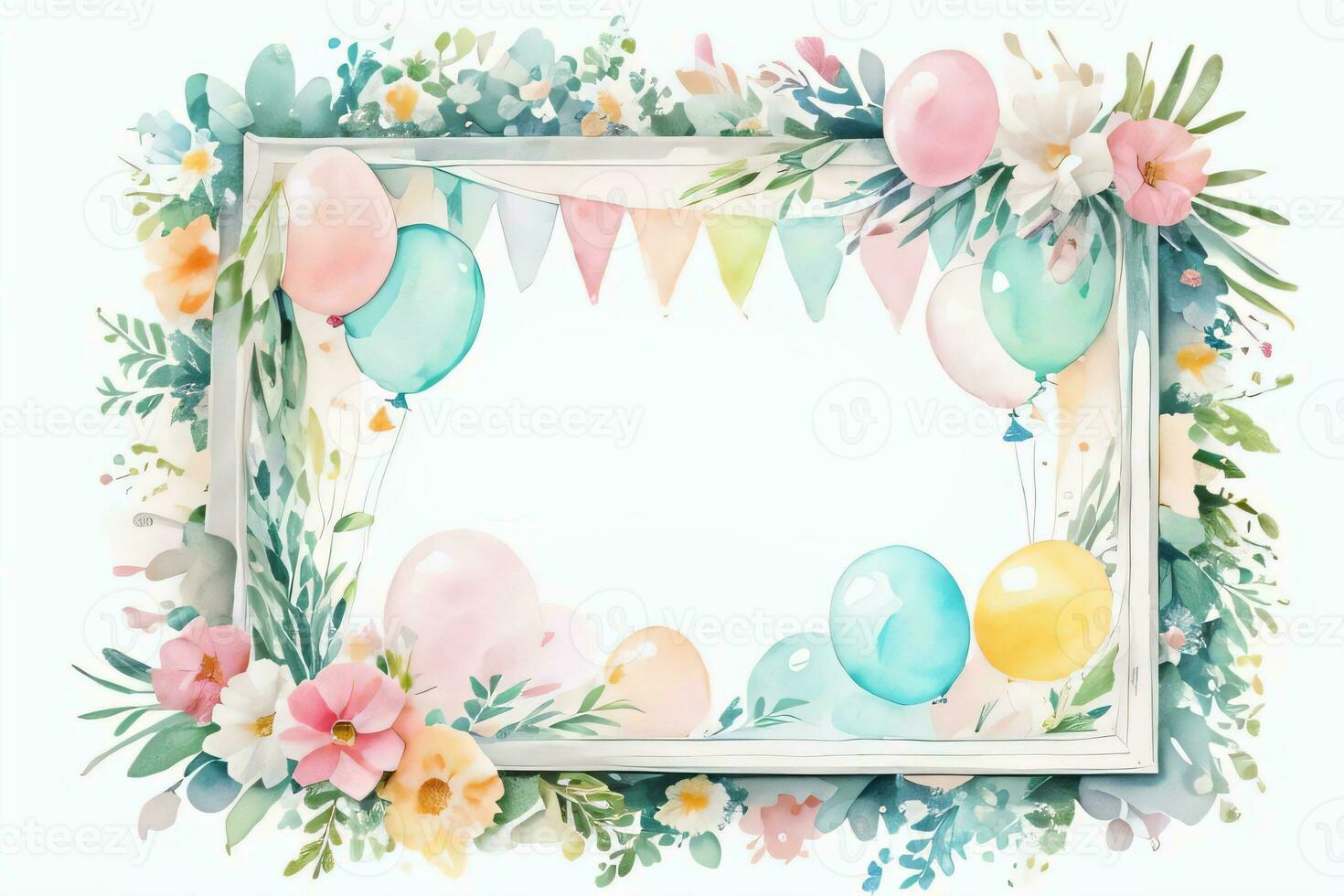 Watercolor Wedding or Birthday Greetings Card Background with Ballons and Flowers photo