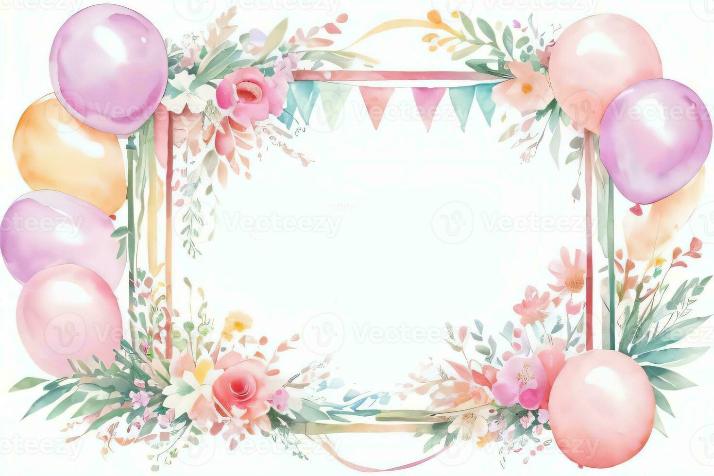 Watercolor Wedding or Birthday Greetings Card Background with Ballons and Flowers photo