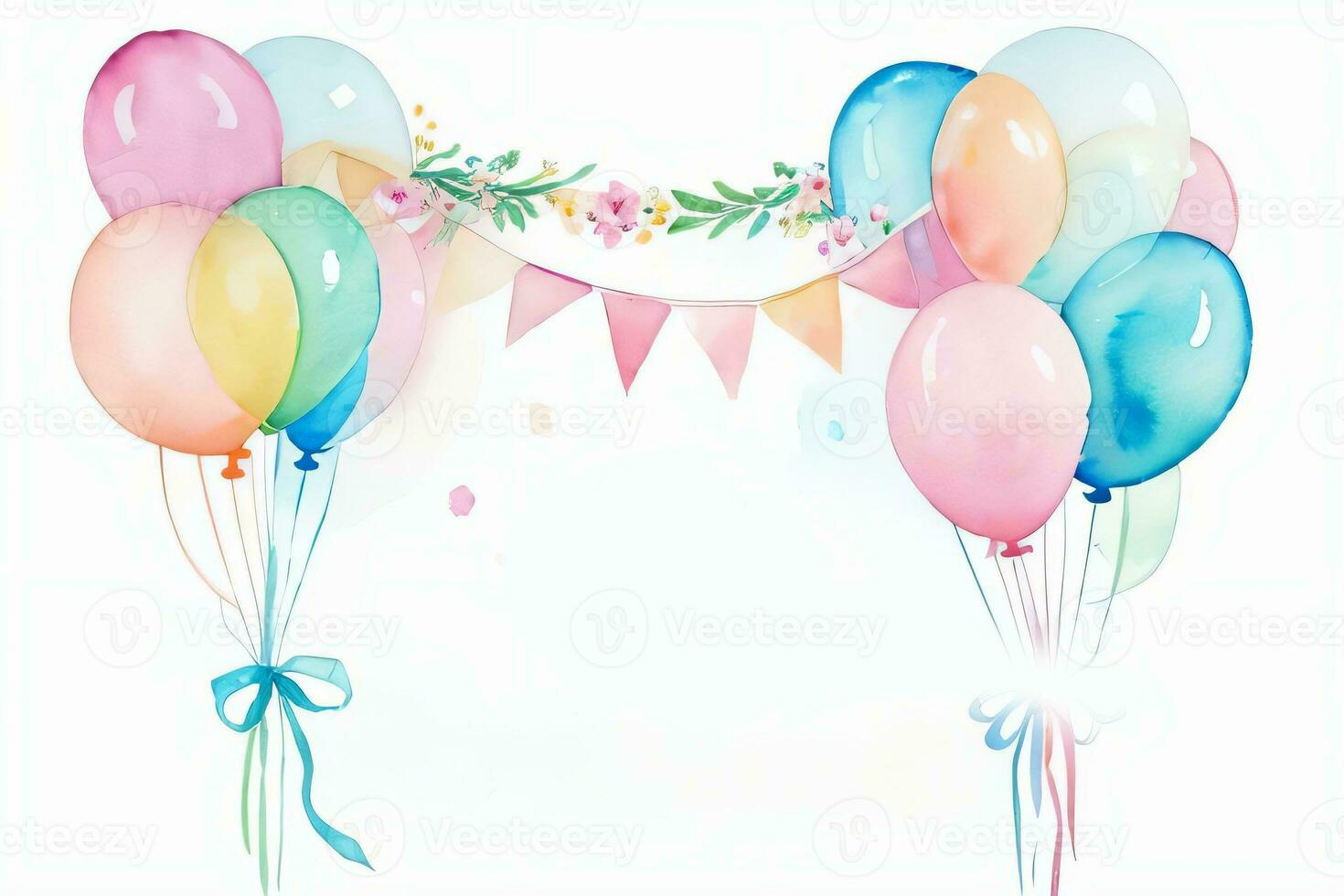 Watercolor Wedding or Birthday Greetings Card Background with Ballons and Flowers photo