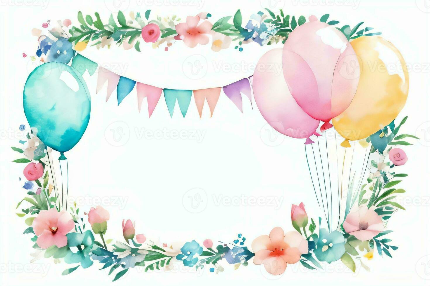 Watercolor Wedding or Birthday Greetings Card Background with Ballons and Flowers photo