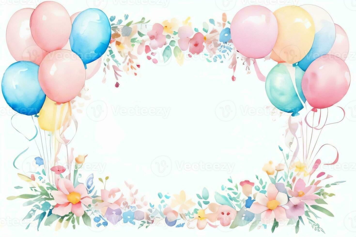 Watercolor Wedding or Birthday Greetings Card Background with Ballons and Flowers photo