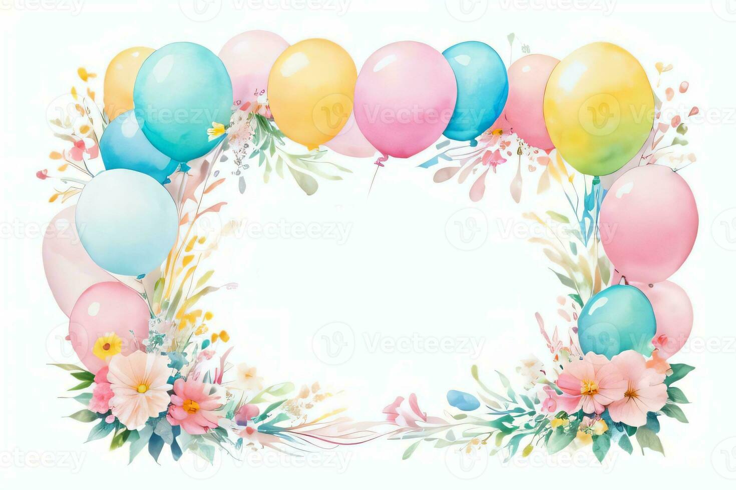 Watercolor Wedding or Birthday Greetings Card Background with Ballons and Flowers photo