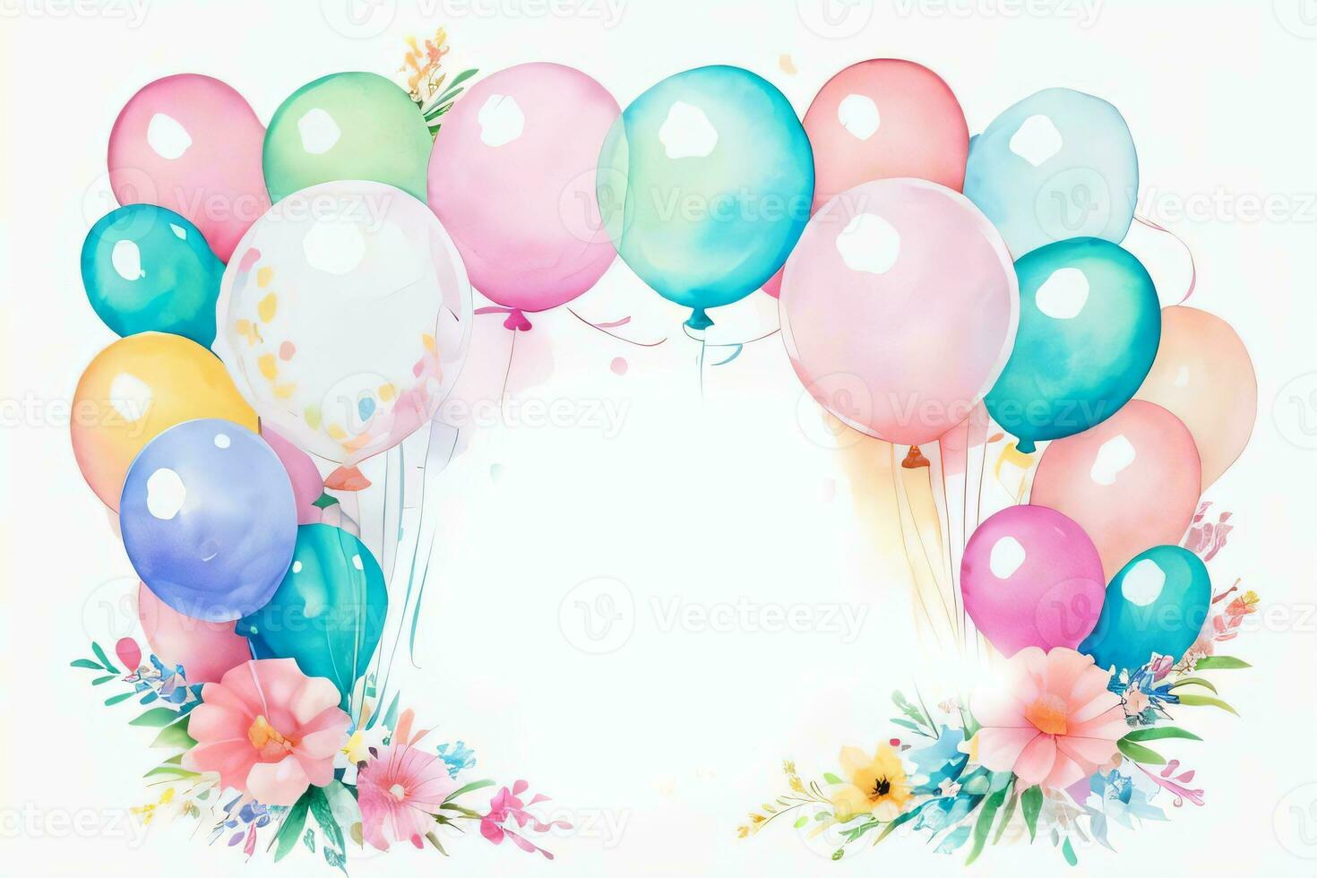 Watercolor Wedding or Birthday Greetings Card Background with Ballons and Flowers photo