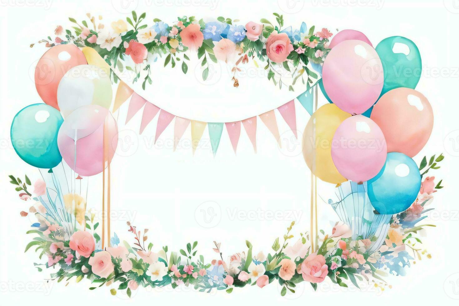 Watercolor Wedding or Birthday Greetings Card Background with Ballons and Flowers photo