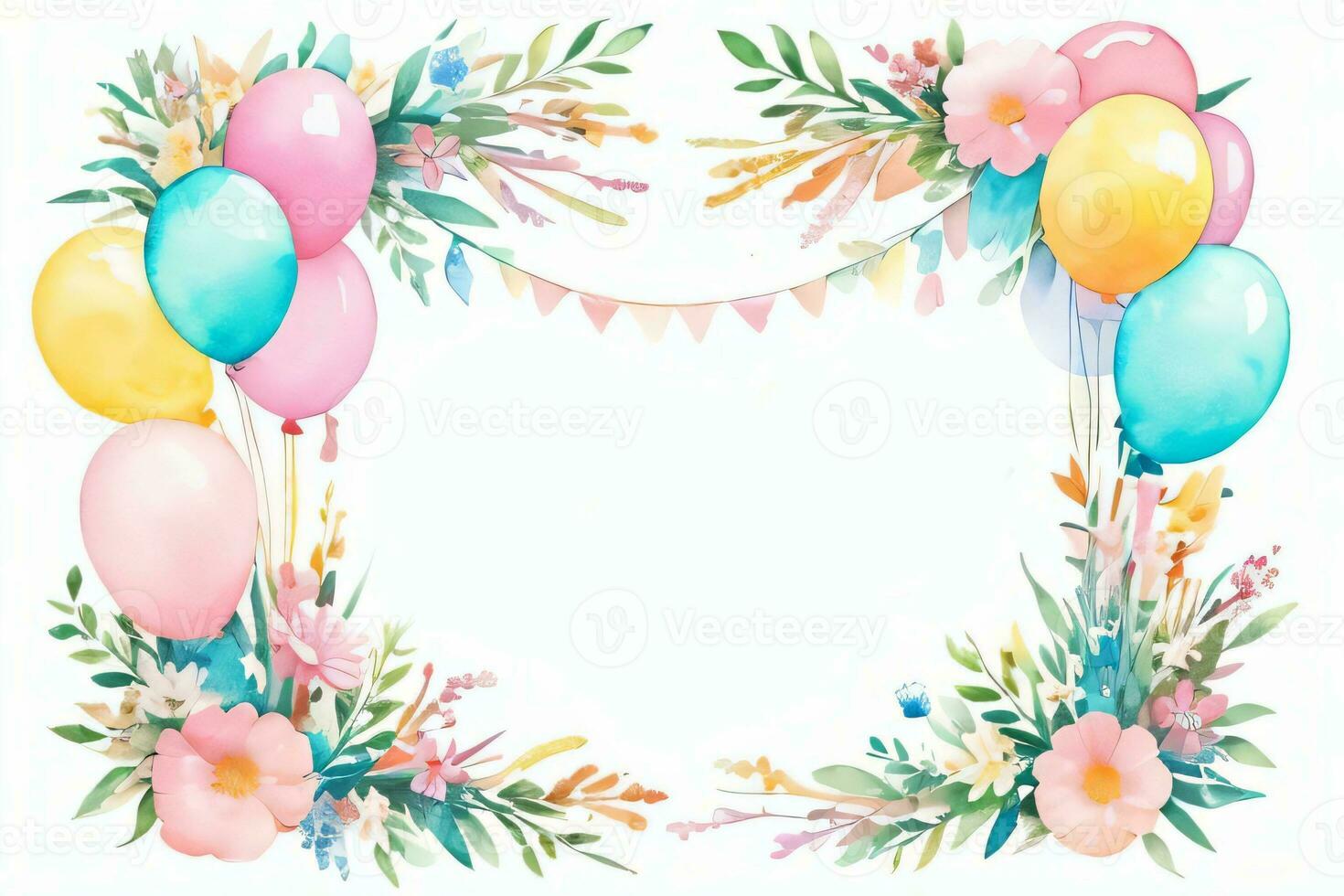 Watercolor Wedding or Birthday Greetings Card Background with Ballons and Flowers photo