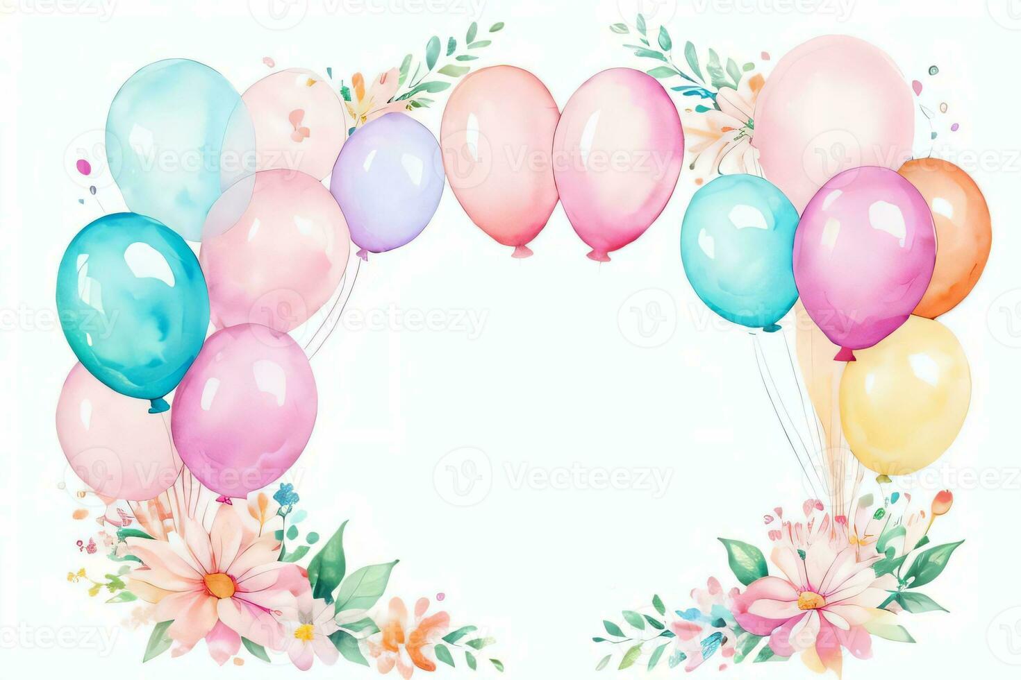 Watercolor Wedding or Birthday Greetings Card Background with Ballons and Flowers photo