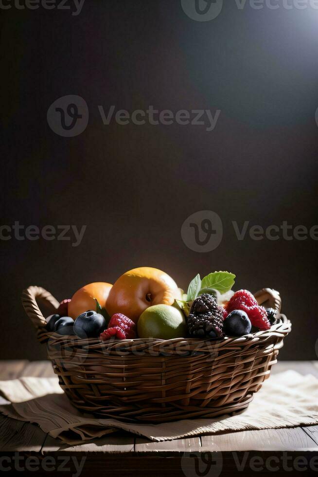 Studio Shot of the basket with berries and fruits on the table photo