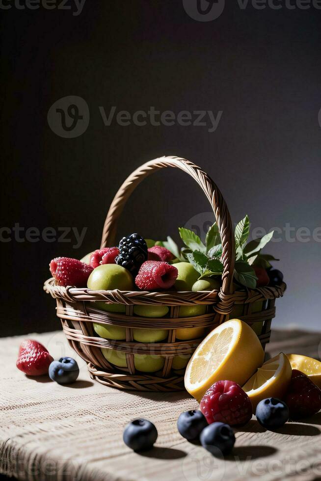 Studio Shot of the basket with berries and fruits on the table photo