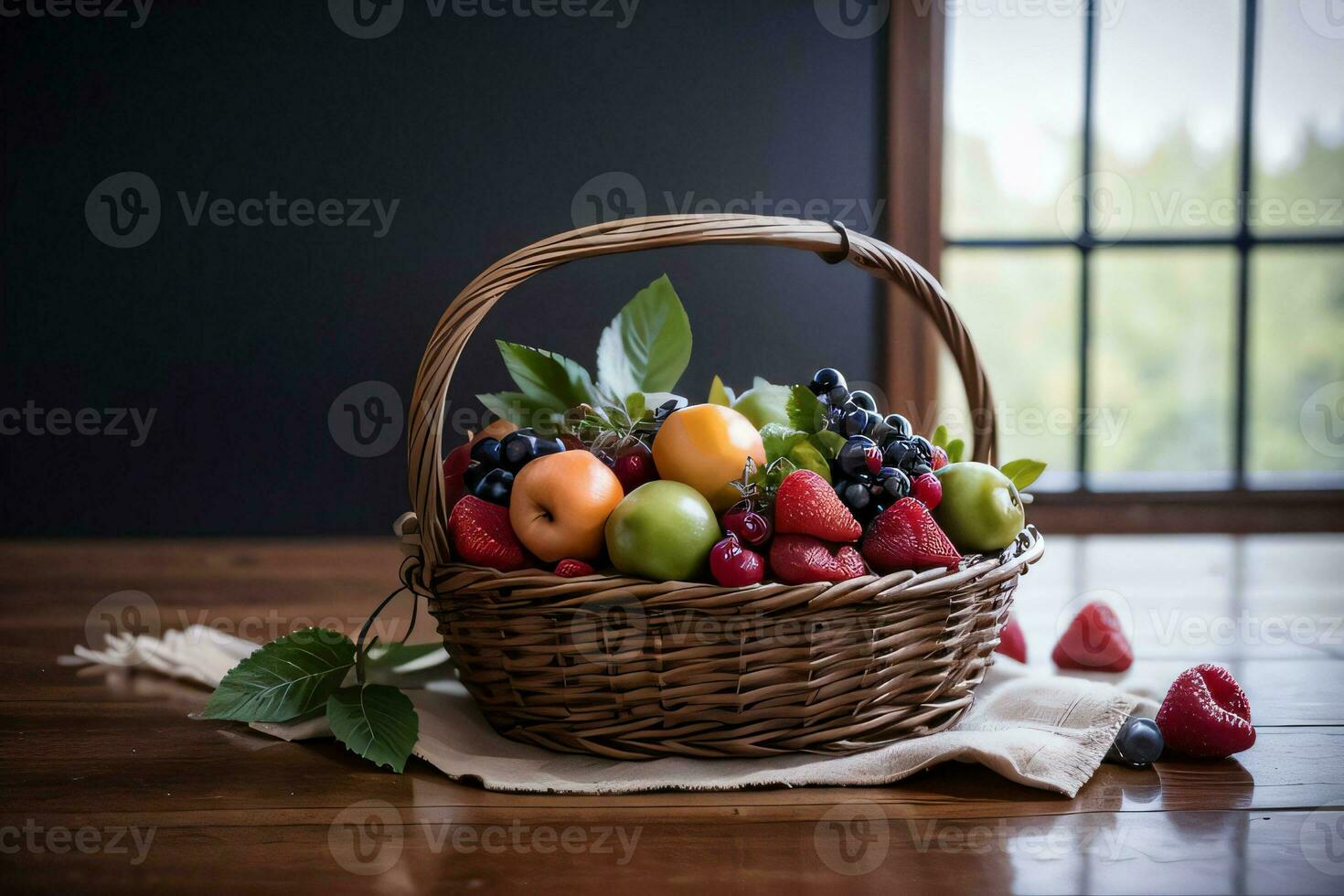 Studio Shot of the basket with berries and fruits on the table photo