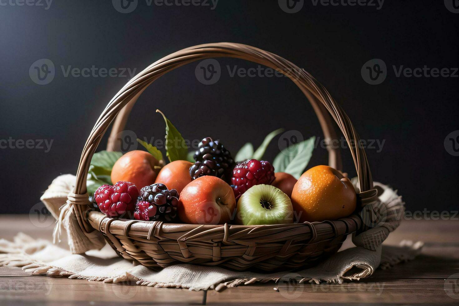 Studio Shot of the basket with berries and fruits on the table photo