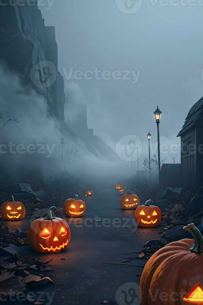 Halloween Cinematic Poster With Skull and Pumpkins Wallpaper photo