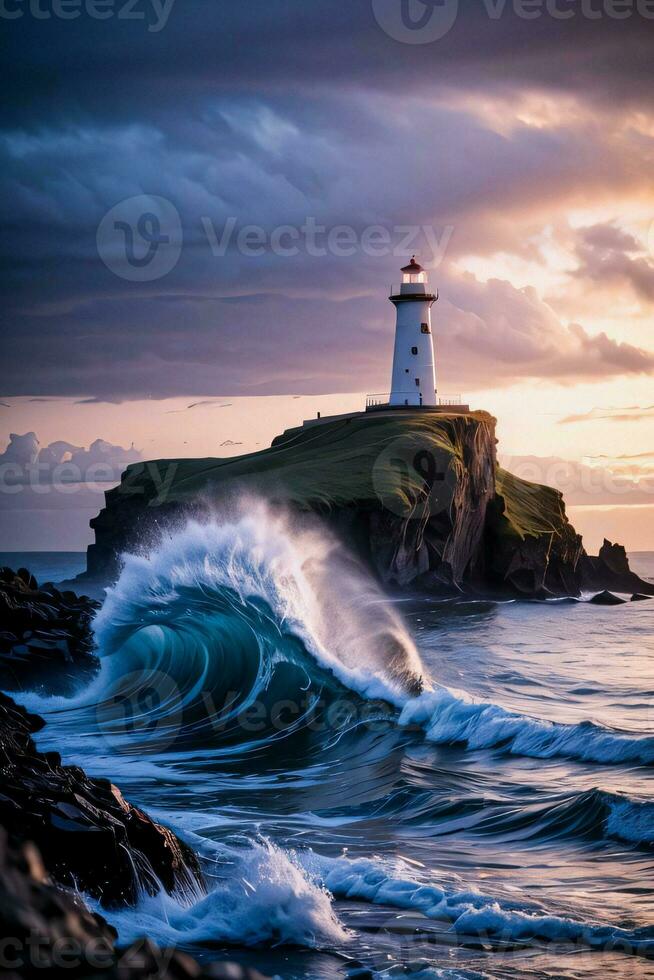 Photo of the Lighthouse and Stormy Sea Background Wallpaper