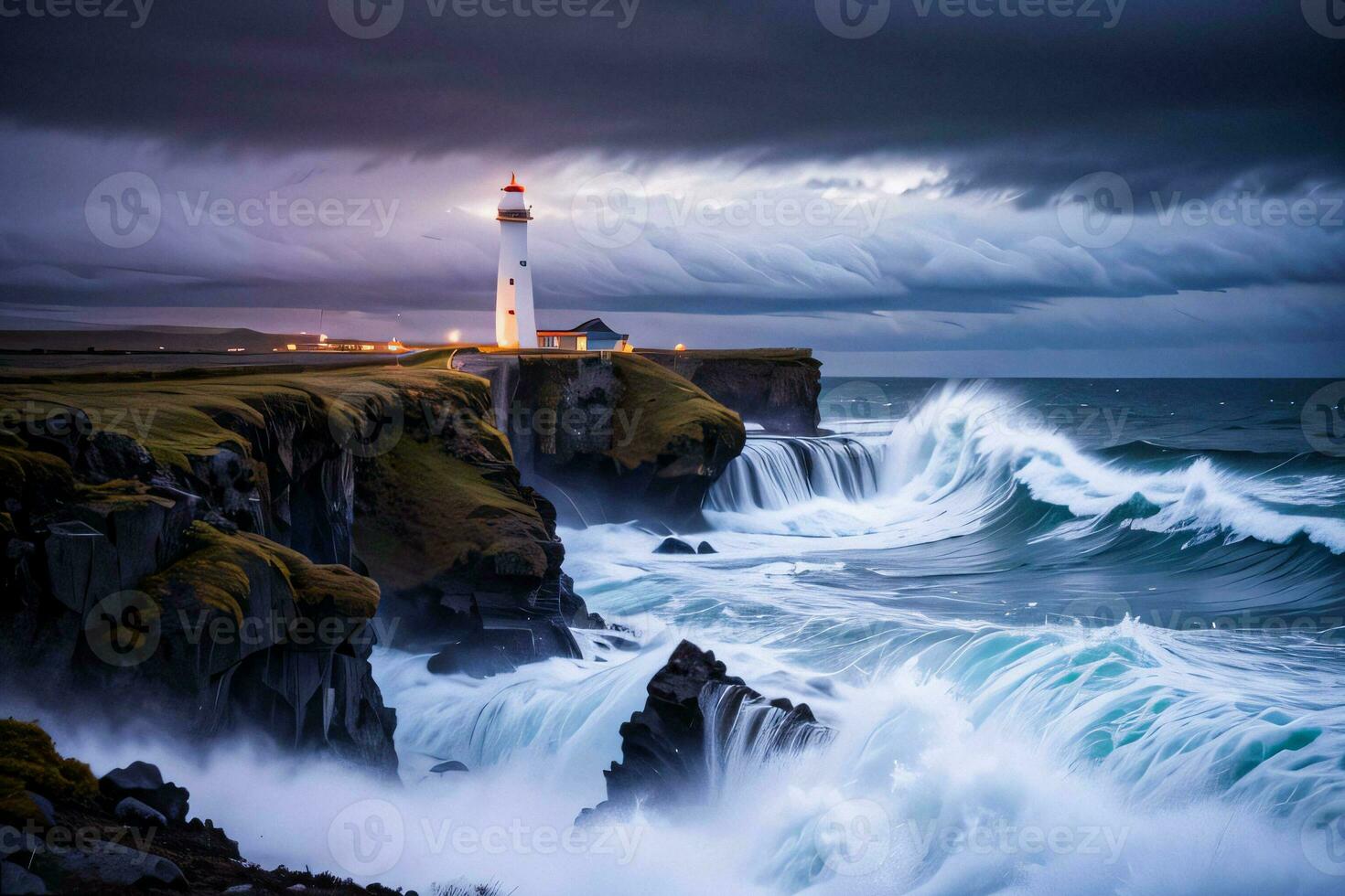 Photo of the Lighthouse and Stormy Sea Background Wallpaper