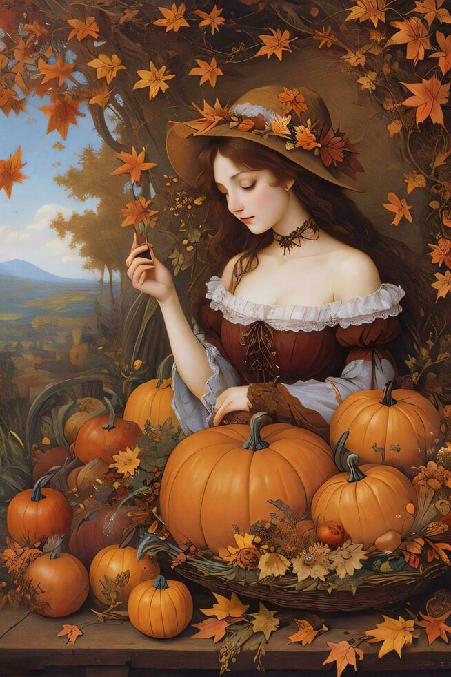 Renaissance Style Autumn Illustration of the Witch Girl with Pumpkins photo