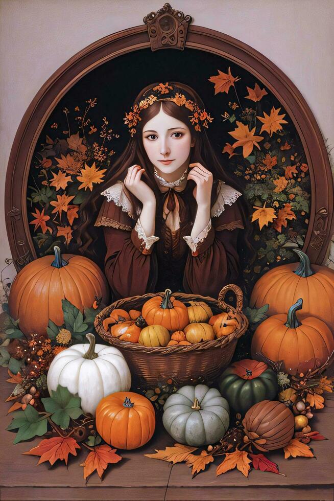 Renaissance Style Autumn Illustration of the Witch Girl with Pumpkins photo