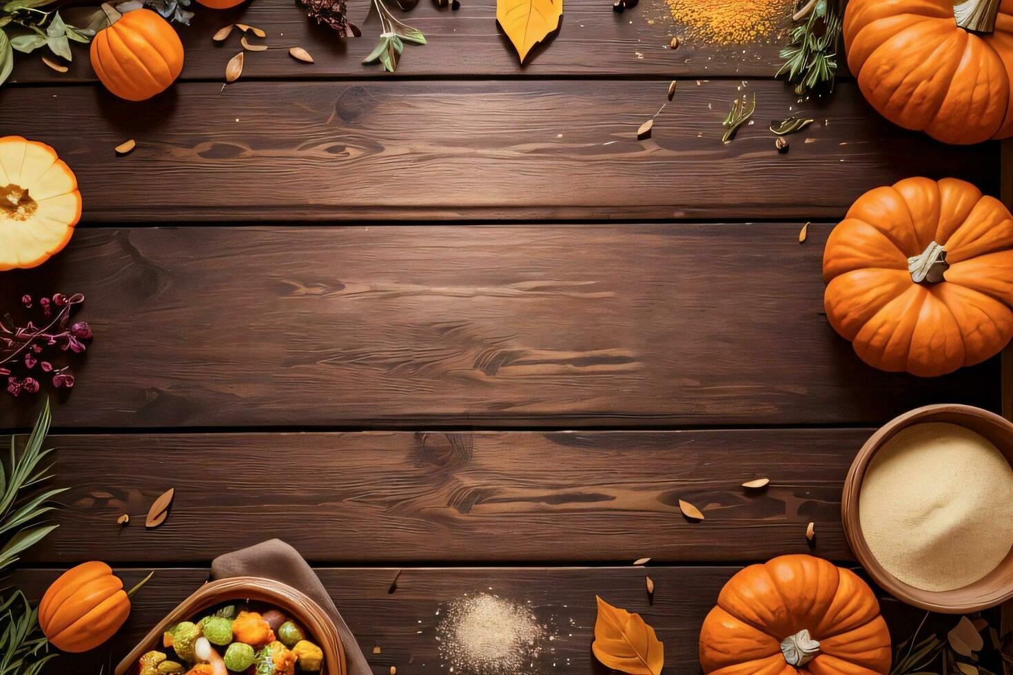 Top Shot of the pumpkins and herbs on a wooden table template photo