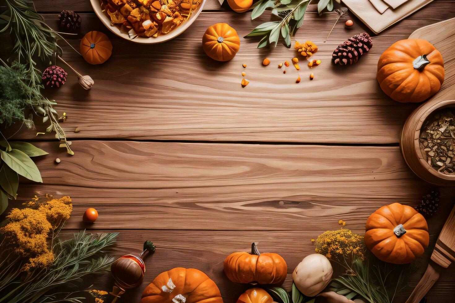 Top Shot of the pumpkins and herbs on a wooden table template photo