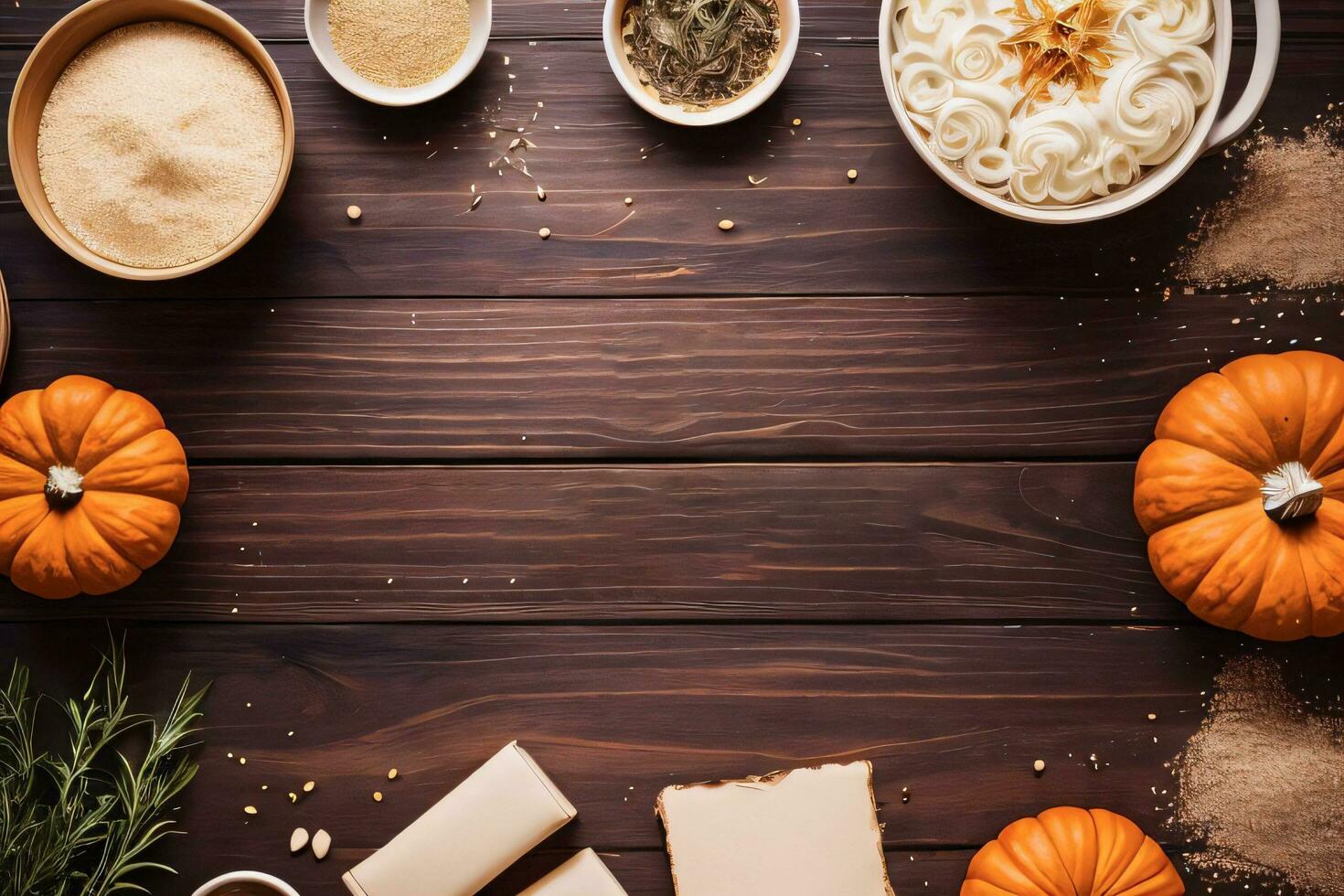 Top Shot of the pumpkins and herbs on a wooden table template photo