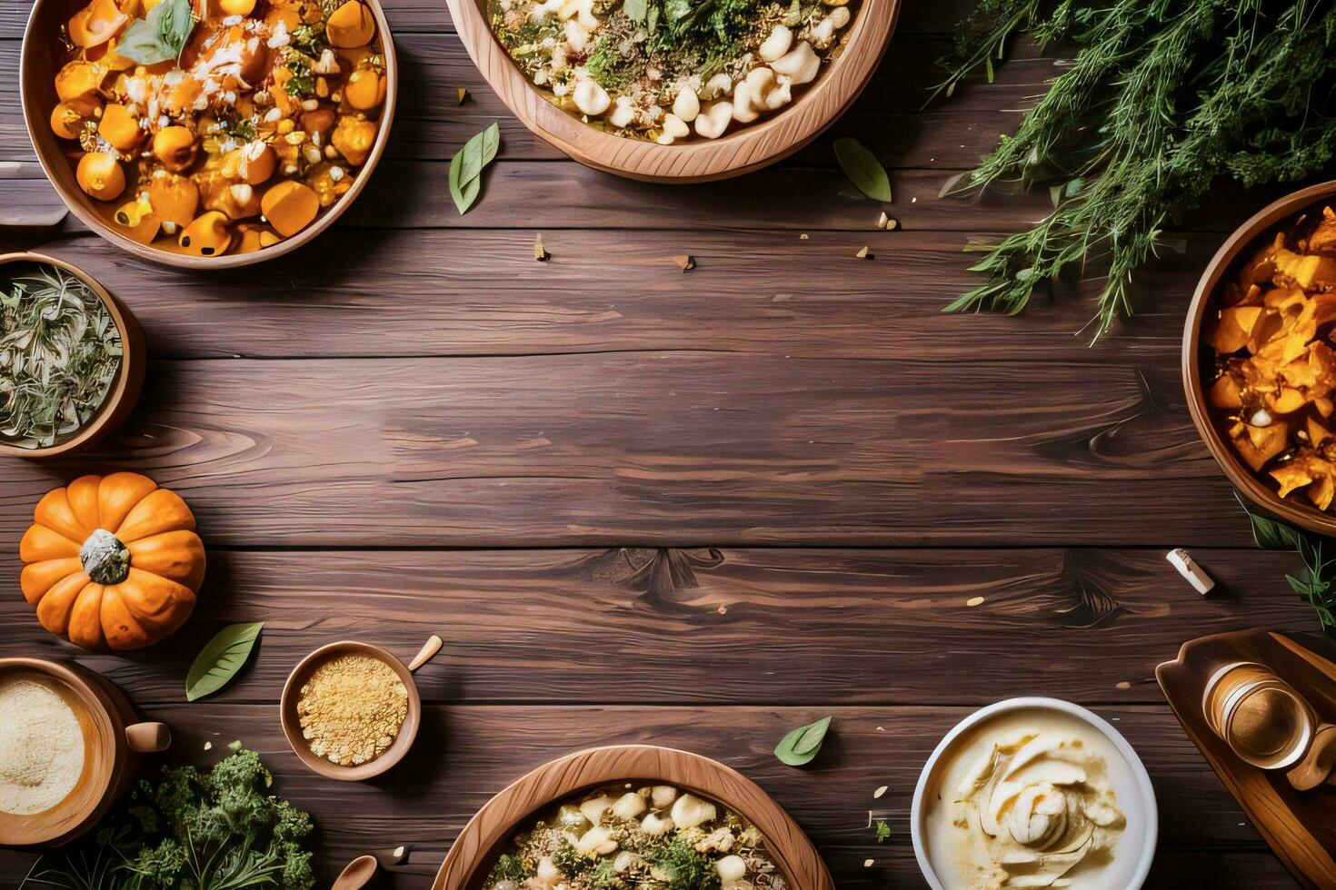 Top Shot of the pumpkins and herbs on a wooden table template photo