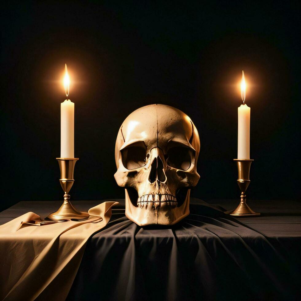 The Skull and Candle on the Black Background photo