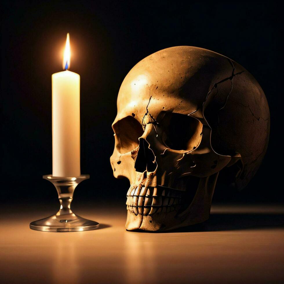 The Skull and Candle on the Black Background photo