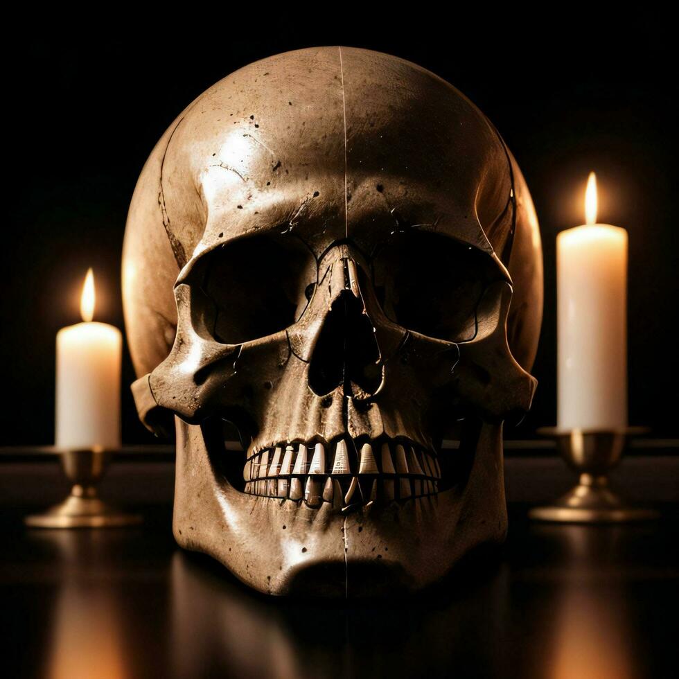 The Skull and Candle on the Black Background photo