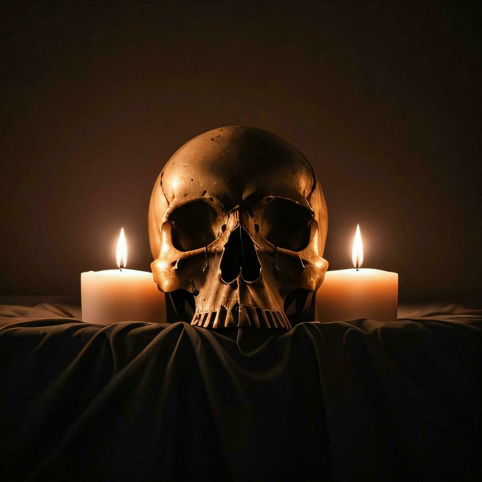 The Skull and Candle on the Black Background photo