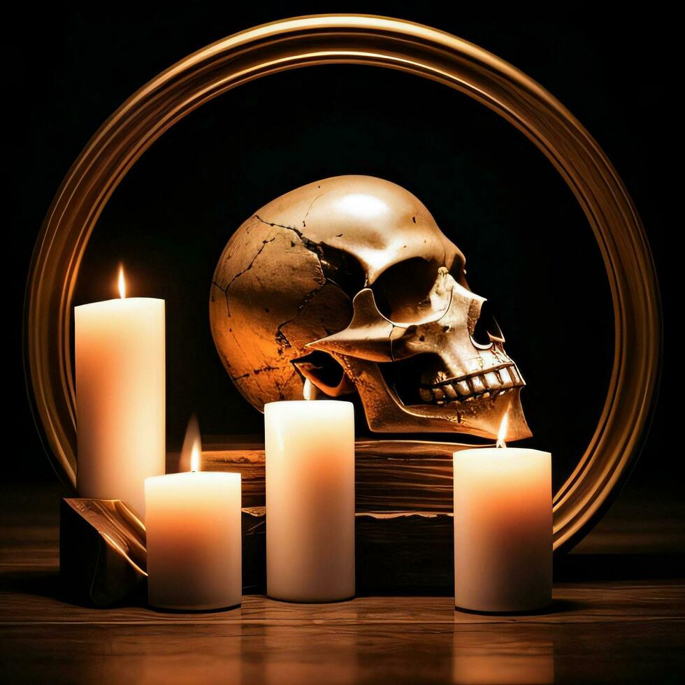 The Skull and Candle on the Black Background photo