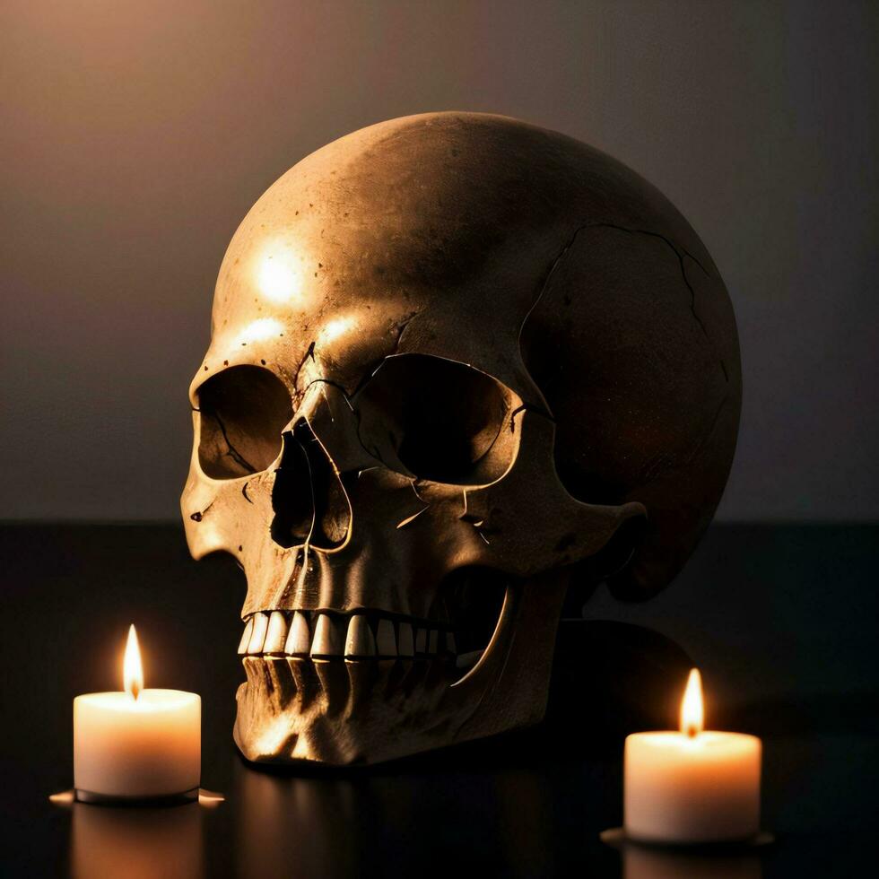 The Skull and Candle on the Black Background photo