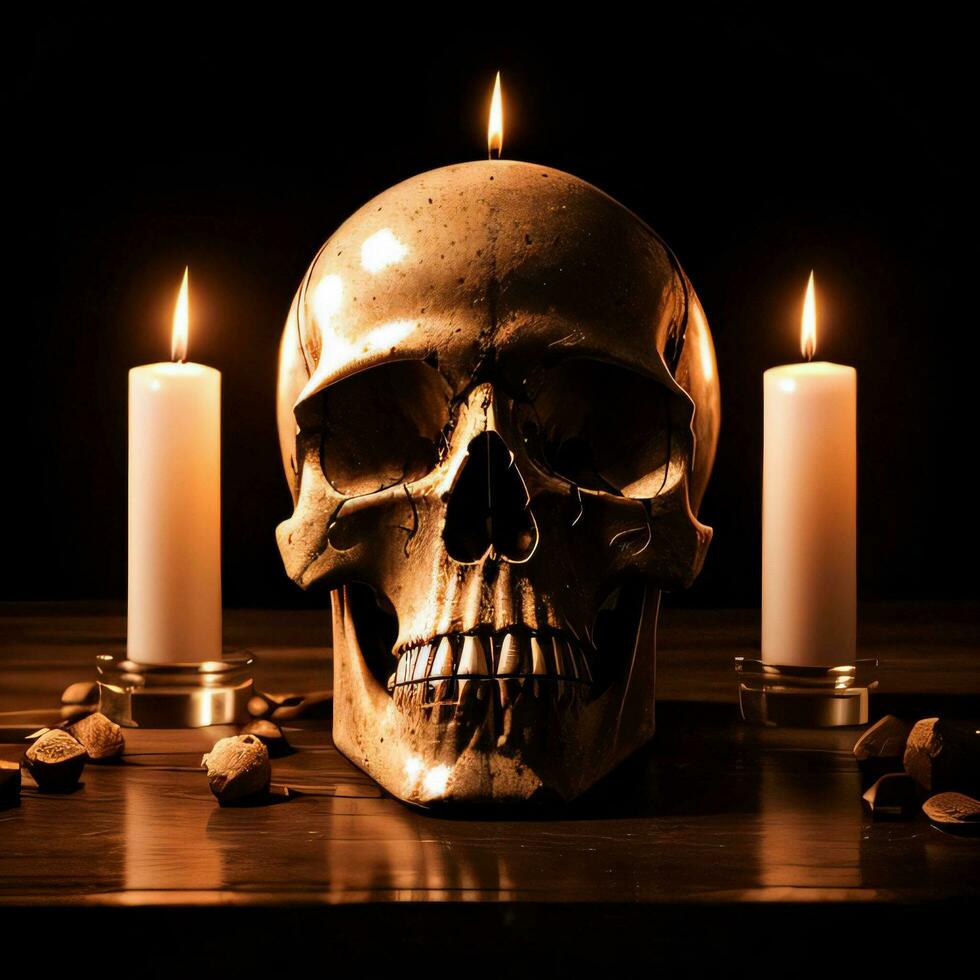 The Skull and Candle on the Black Background photo