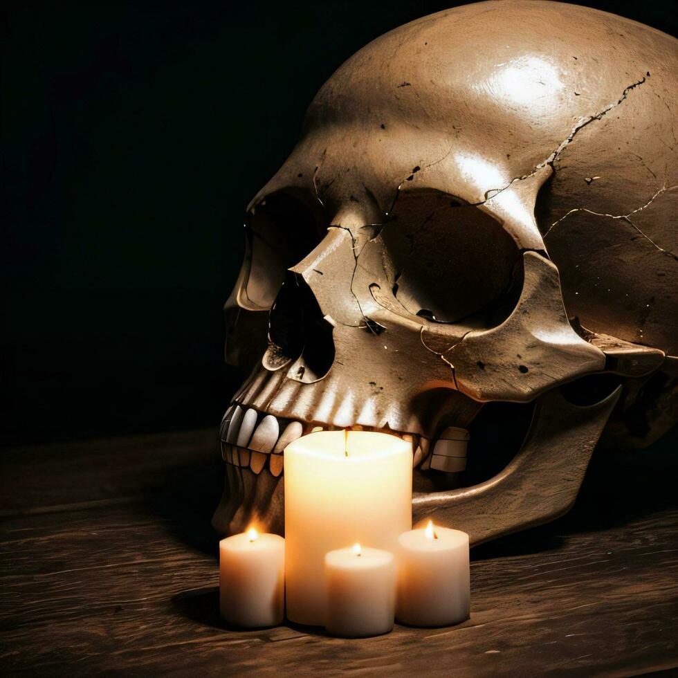 The Skull and Candle on the Black Background photo