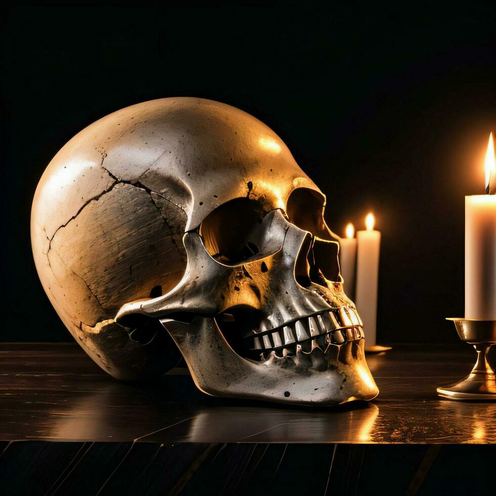 The Skull and Candle on the Black Background photo