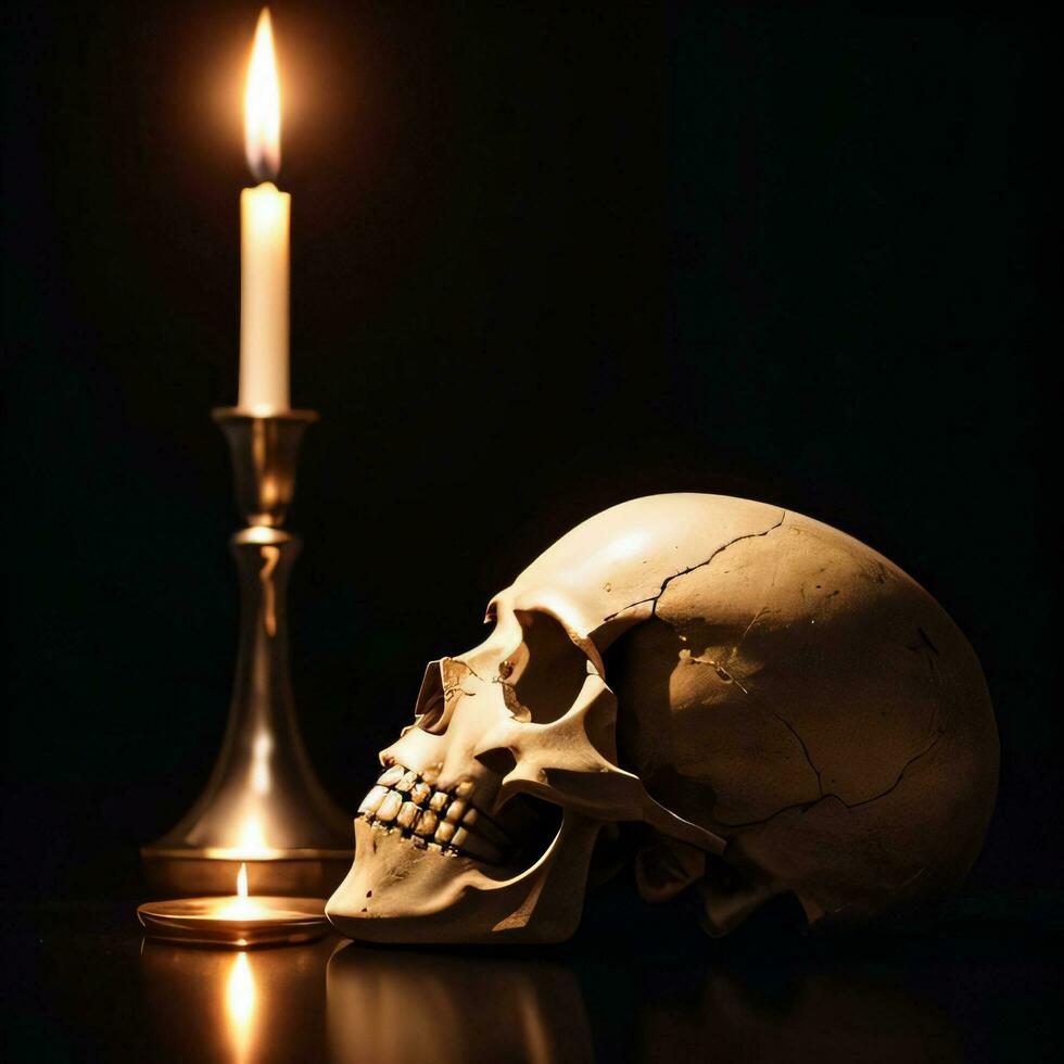 The Skull and Candle on the Black Background photo