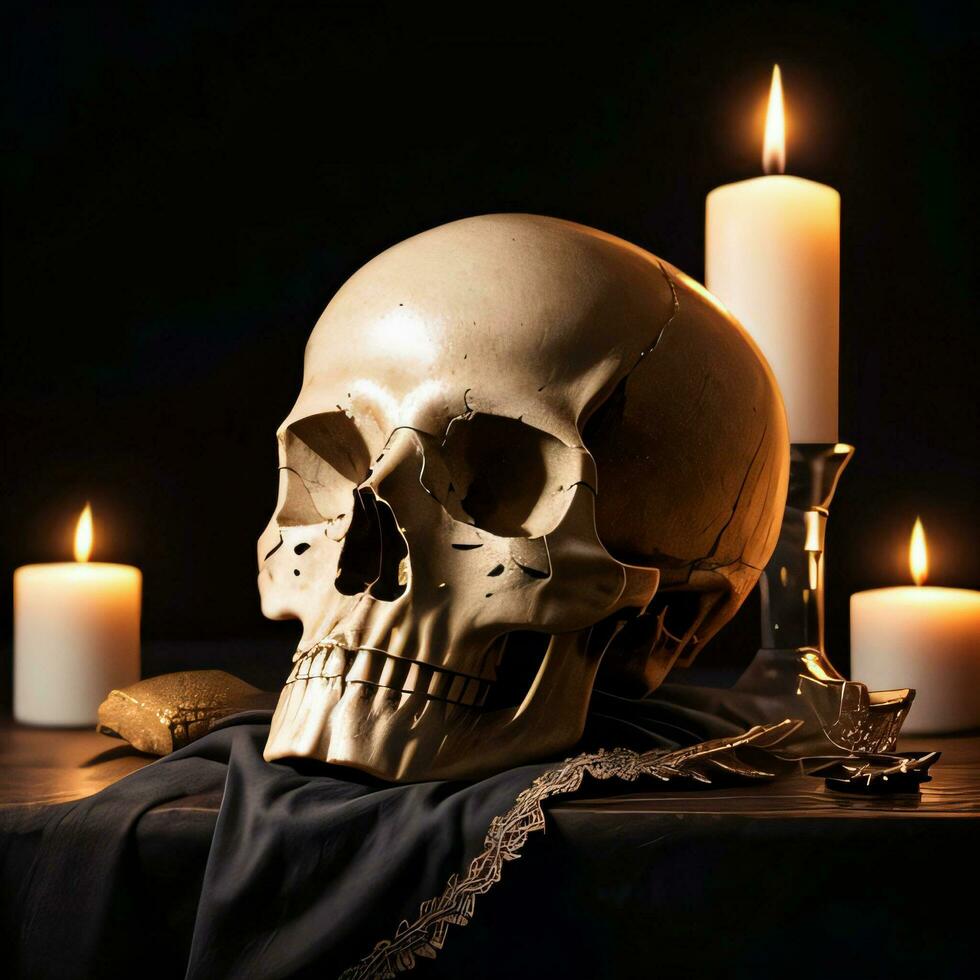 The Skull and Candle on the Black Background photo