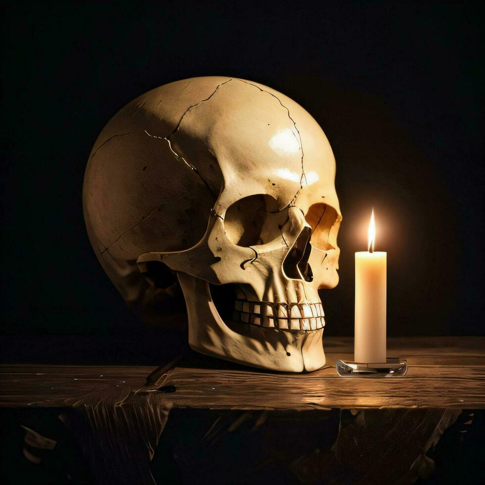 The Skull and Candle on the Black Background photo