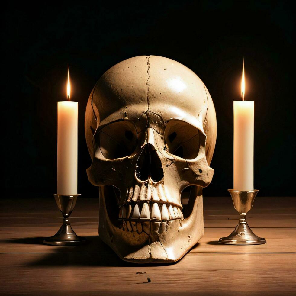 The Skull and Candle on the Black Background photo