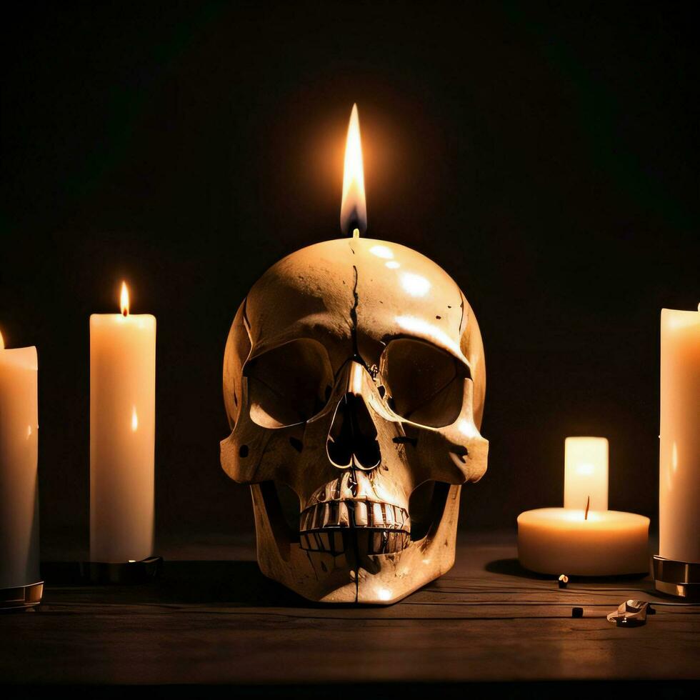 The Skull and Candle on the Black Background photo