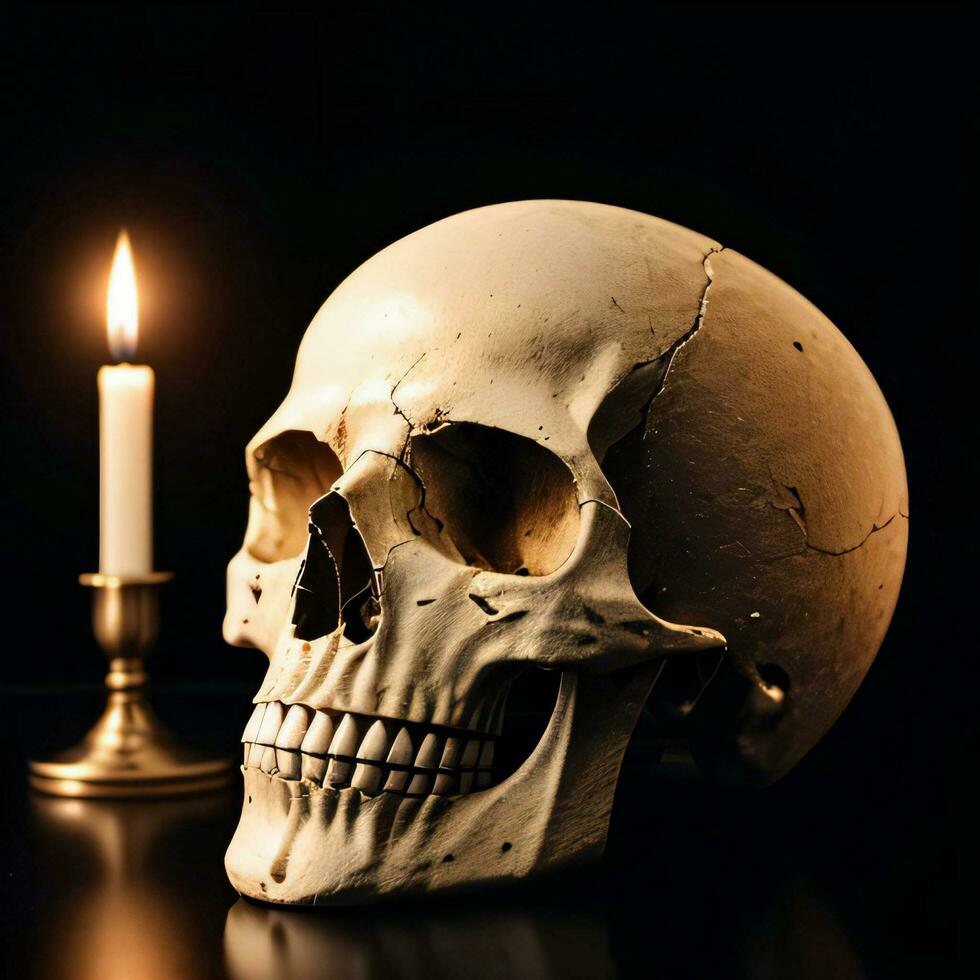 The Skull and Candle on the Black Background photo