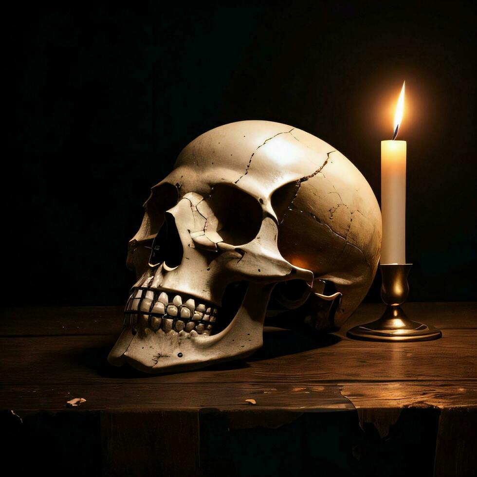 The Skull and Candle on the Black Background photo