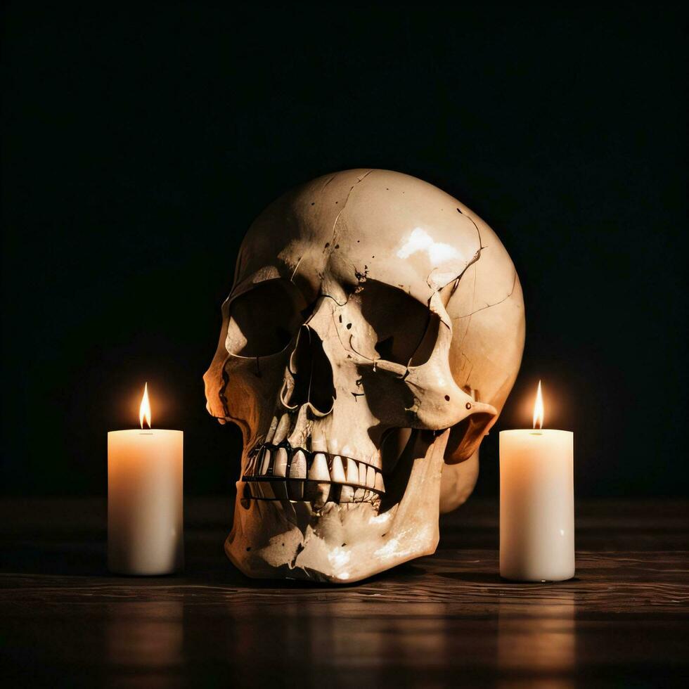 The Skull and Candle on the Black Background photo