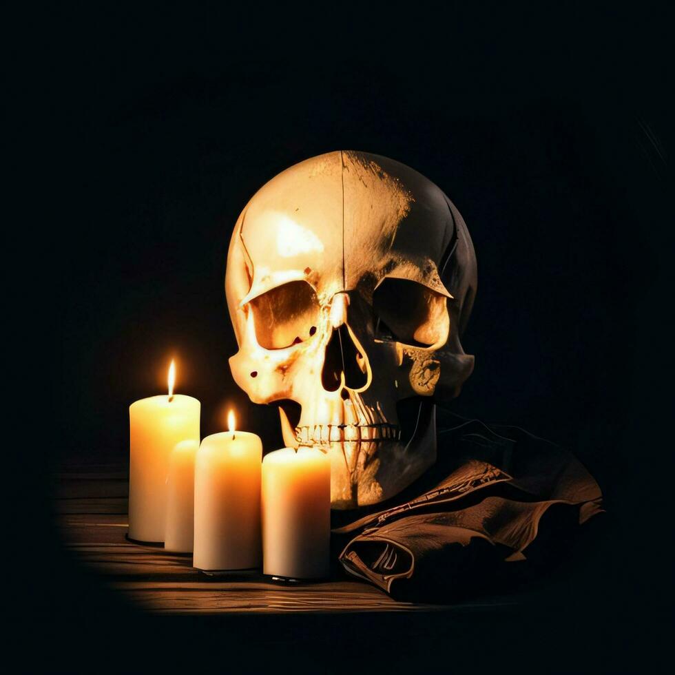 The Skull and Candle on the Black Background photo